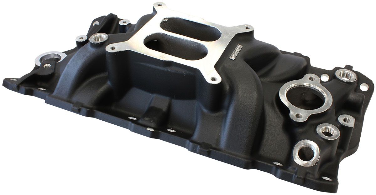 Small Block Chev Street Dual Plane Intake Manifold, Black Finish  1500 - 6500 RPM, Square Bore Carburettor Pad, Non-EGR
