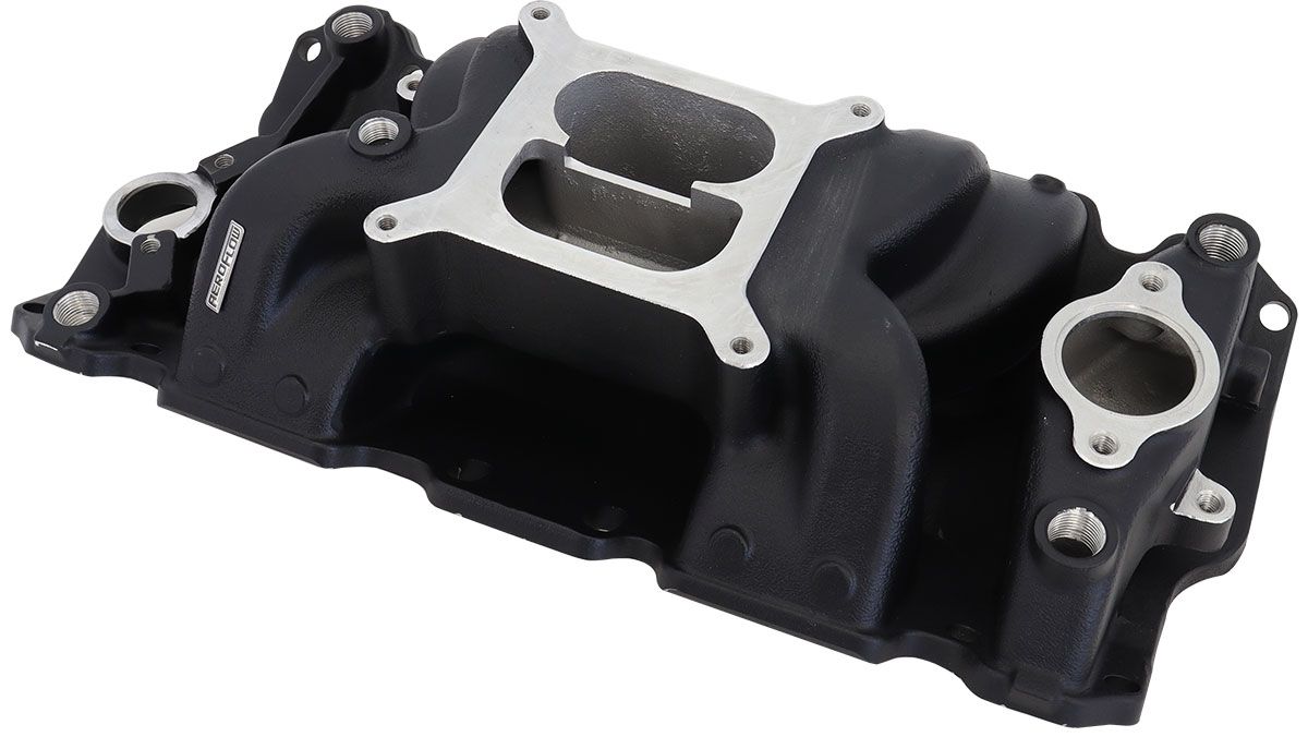 Small Block Chev Air Gap Dual Plane Intake Manifold, Black Finish  1500 - 6500 RPM, Square Bore Carburettor Pad, Non-EGR