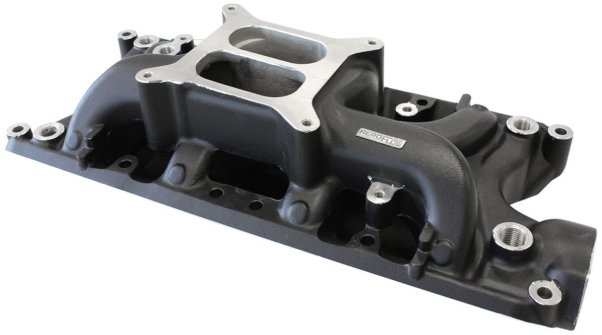 Small Block Ford 289-302 Windsor Air Gap Dual Plane Intake Manifold, Black Finish  1500 - 6500 RPM, Square Bore Carburettor Pad, Non-EGR