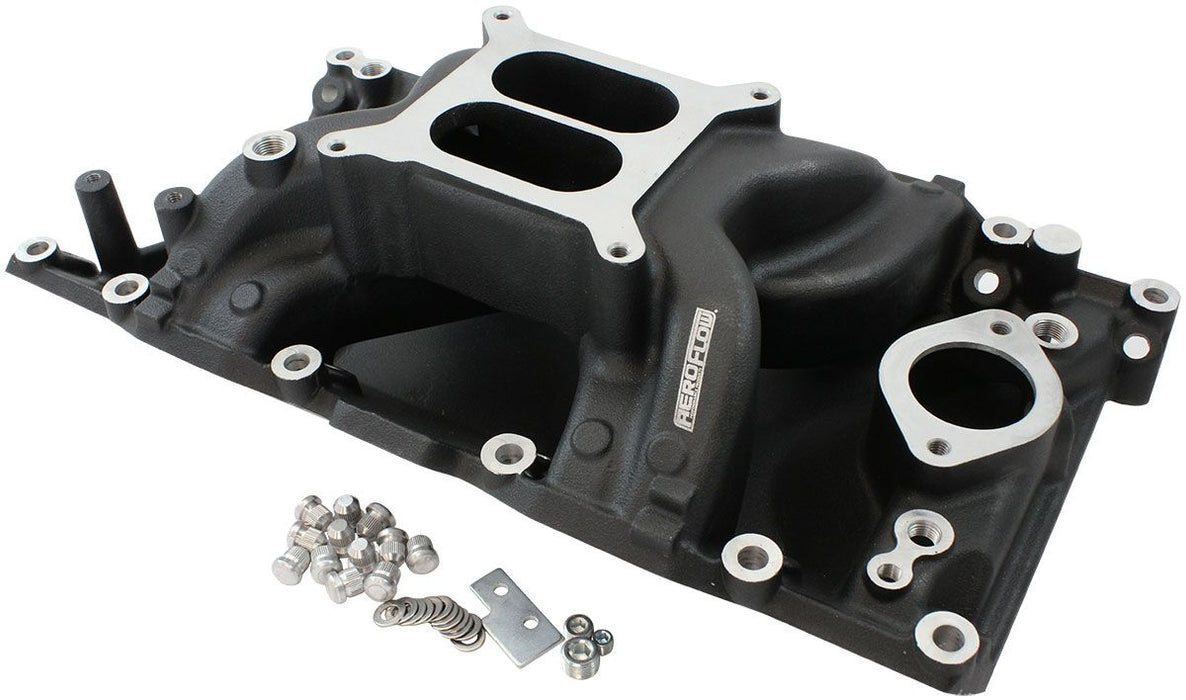 Aeroflow Small Block Chrysler Air Gap Dual Plane Intake Manifold, Black Finish 1500 - 6500 RPM, Square Bore Carburettor Pad, Non-EGR