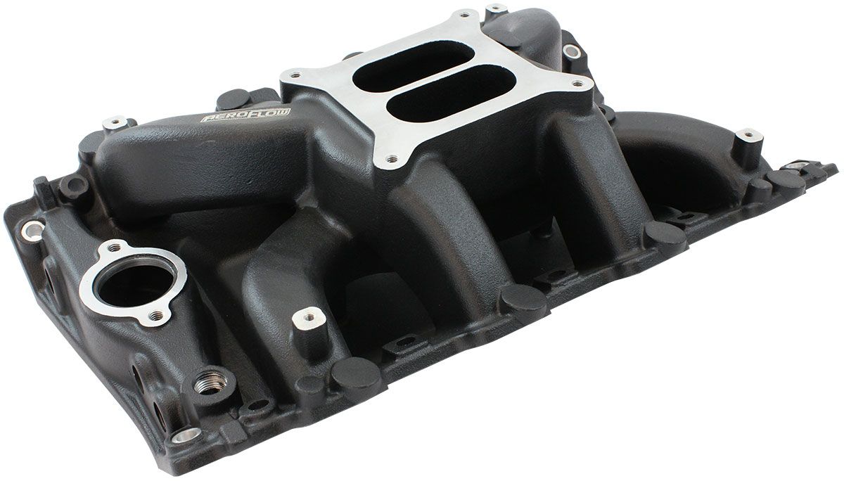 Aeroflow Holden 304 Air Gap Dual Plane Intake Manifold, Black Finish 1500 - 6500 RPM, Square Bore Carburettor Pad, Non-EGR