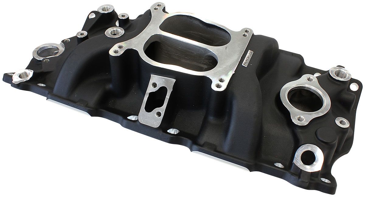 Aeroflow SB Chev Classic Dual Plane Intake Manifold, Black Finish Idle - 5500 RPM, Square Bore Carburettor Pad, EGR Model