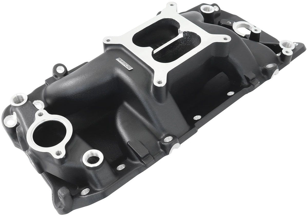 BB Chev Air Gap Dual Plane Intake Manifold, Black Finish  1500 - 6500 RPM, Square Bore Carburettor Pad, Non-EGR