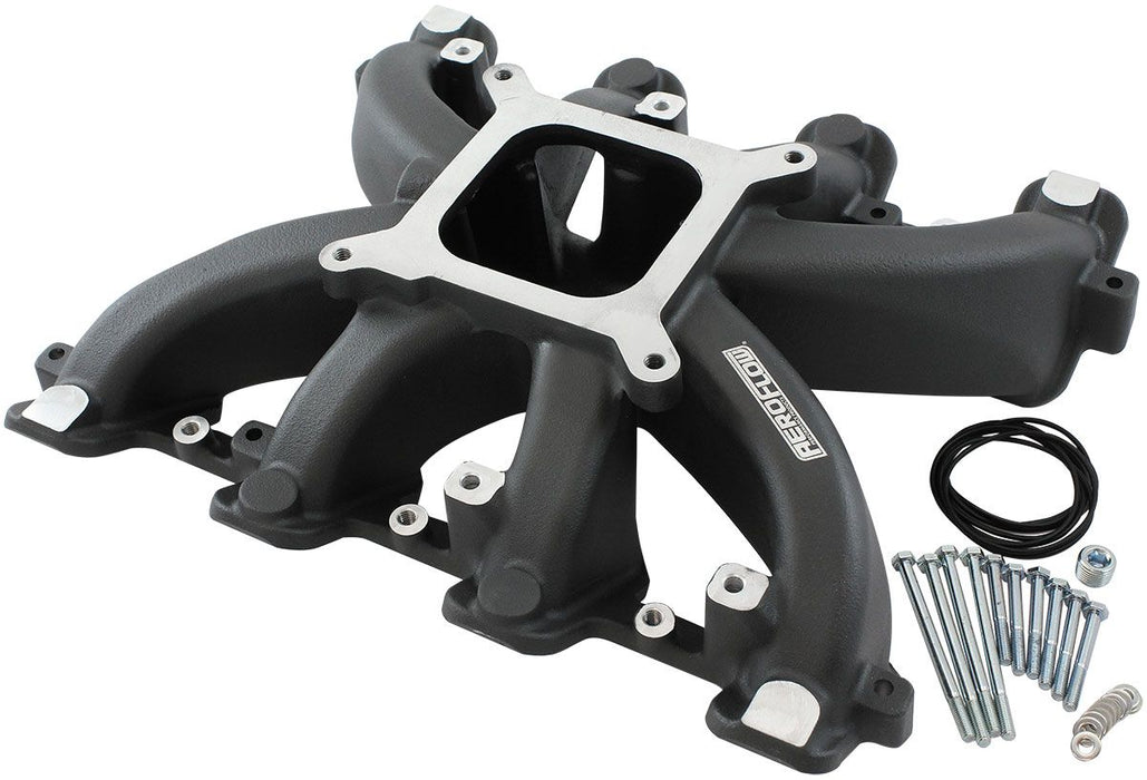 Aeroflow GM LS Cathedral Port Carburettor Street Single Plane Non-EFI Intake Manifold,Black Finish 4 Barrell 4150 Square Bore Carburettor Pad