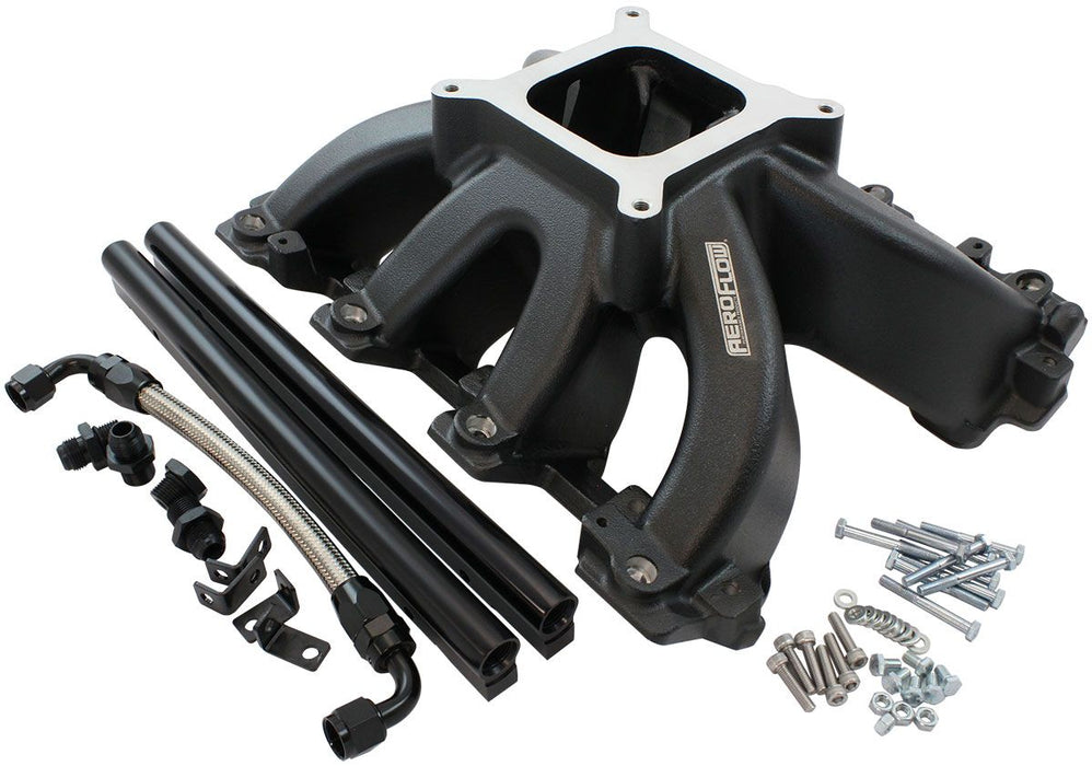 Aeroflow GM LS Cathedral Port Carburettor Hi Rise Race Single Plane EFI Intake Manifold, Black Finish 4 Barrell 4150 Square Bore Carburettor Pad