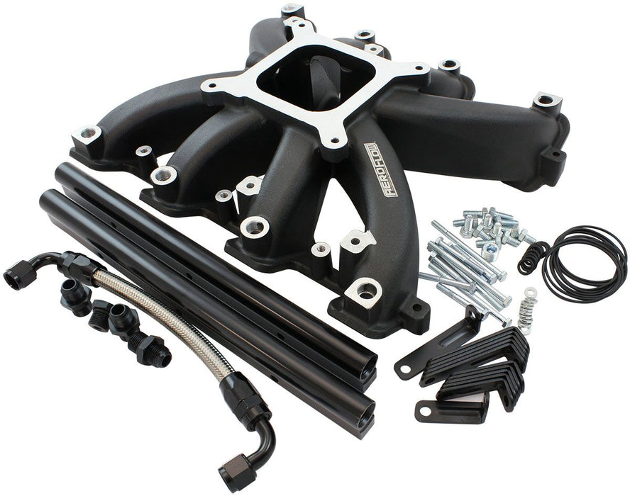 Aeroflow GM LS Rectangle Port Carburettor Street Single Plane EFI Intake Manifold, Black Finish 4 Barrell 4150 Square Bore Carburettor Pad