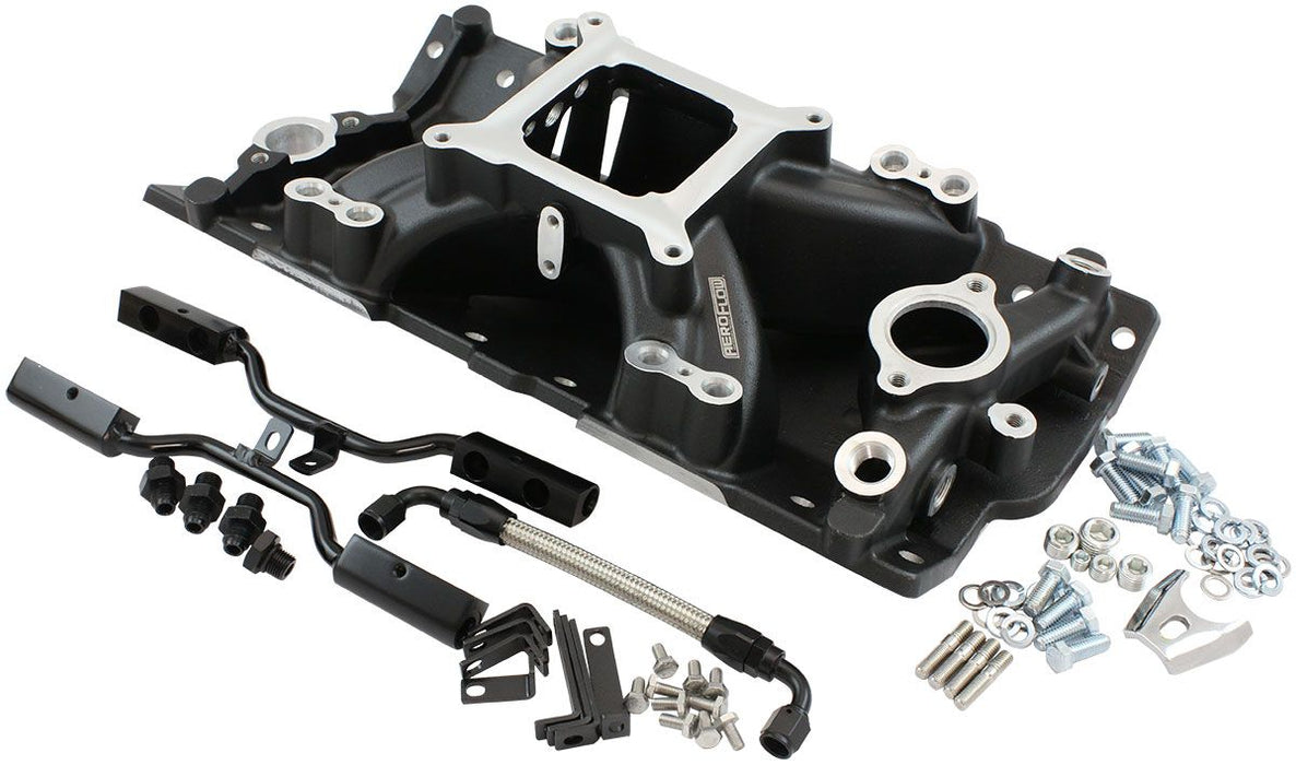Aeroflow SB Chev EFI Air Gap Single Plane Intake Manifold, Black Finish 2500 - 7500 RPM, Square Bore Carburettor Pad, Non-EGR