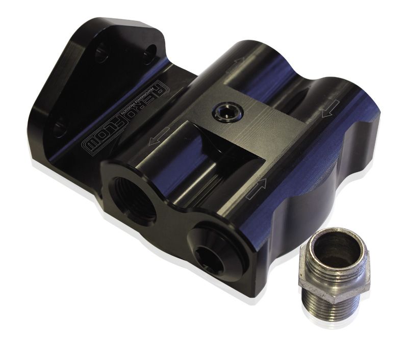 Billet Remote Oil Filter Head -8 ORB Side entry, Black anodised finish, accepts filter with 3/4"-16 thread