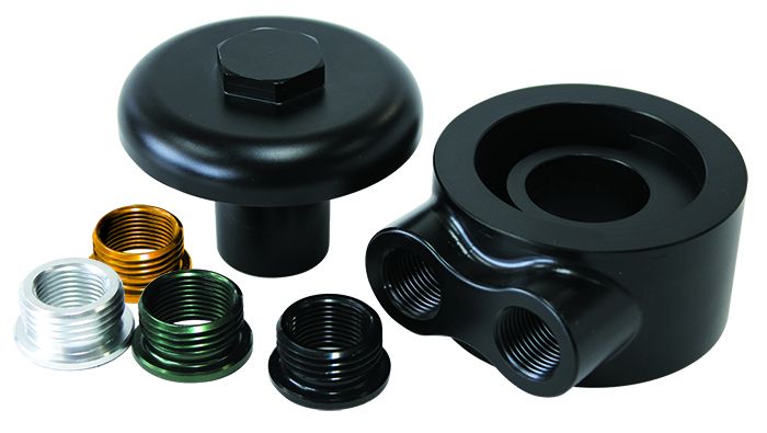 Billet Oil Filter Block Adapter  90° Low Profile, Universal fitment, -8 ORB ports, Black anodised finish
