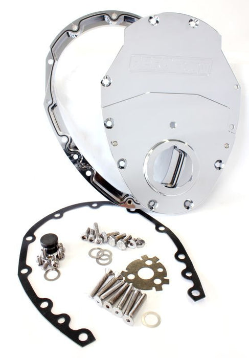 Small Block Chev 350 2-Piece Billet Timing Cover - Chrome Finish   Includes Gaskets, Seals,Roller Cam button, Mounting Hardware and Replacement O-Ring