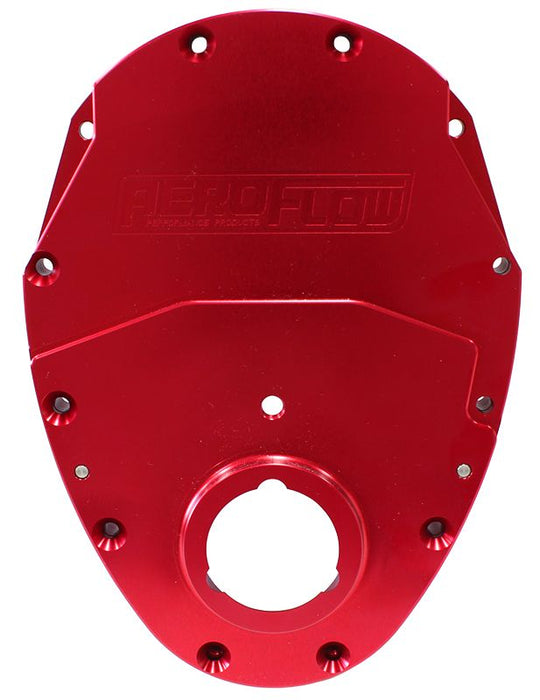 Small Block Chev 350 2-Piece Billet Timing Cover - Red Finish   Includes Gaskets, Seals,Roller Cam button, Mounting Hardware and Replacement O-Ring