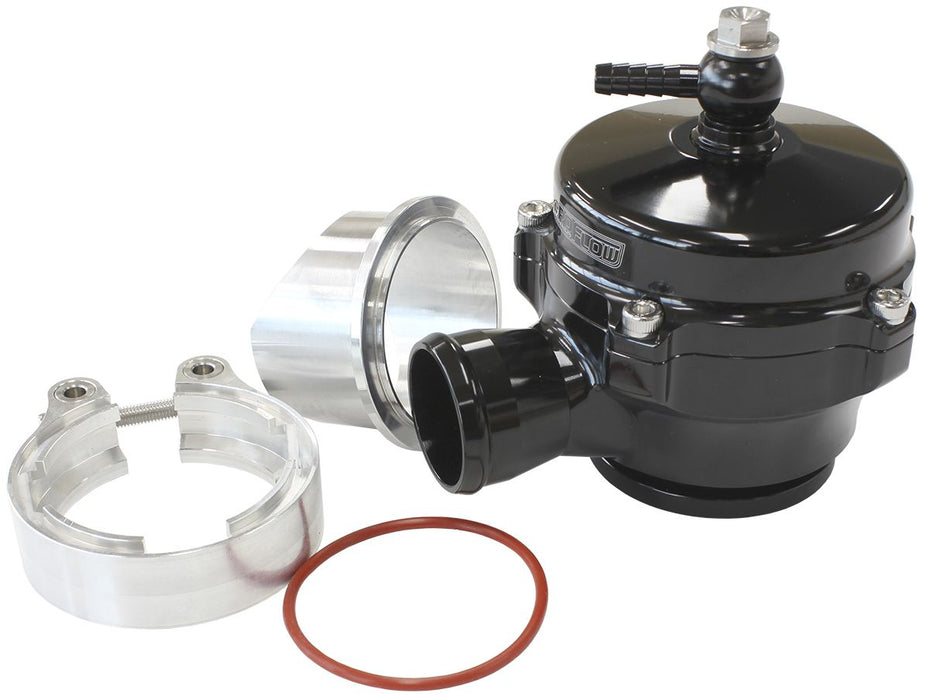 50mm High Flow Plumb Back Blow Off Valve Complete Kit with 34mm Barb, Weld-on Flange and V-Band in Black Finish.