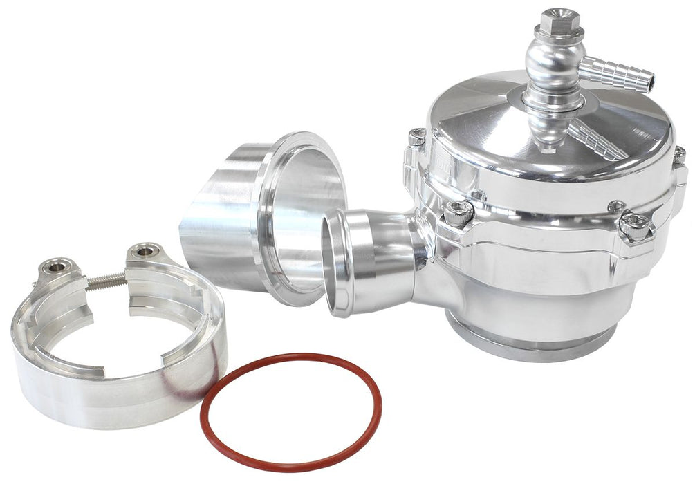 50mm High Flow Plumb Back Blow Off Valve Complete Kit with 34mm Barb, Weld-on Flange and V-Band in Polished Finish.