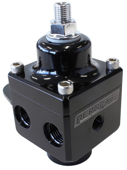 Billet 4-Port Carburettor Fuel Pressure Regulator -6 ORB    Black Finish. 4-12 psi. Rated to 1600 HP