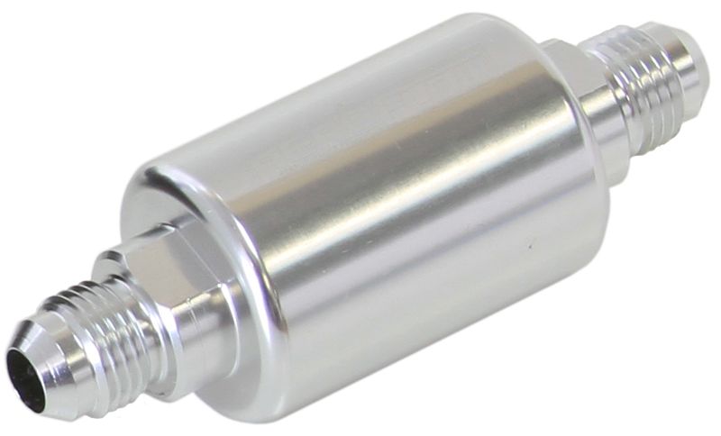 Billet Fuel Filter -6AN 40 micron Stainless Steel element, 1.25" x 3" L, Silver