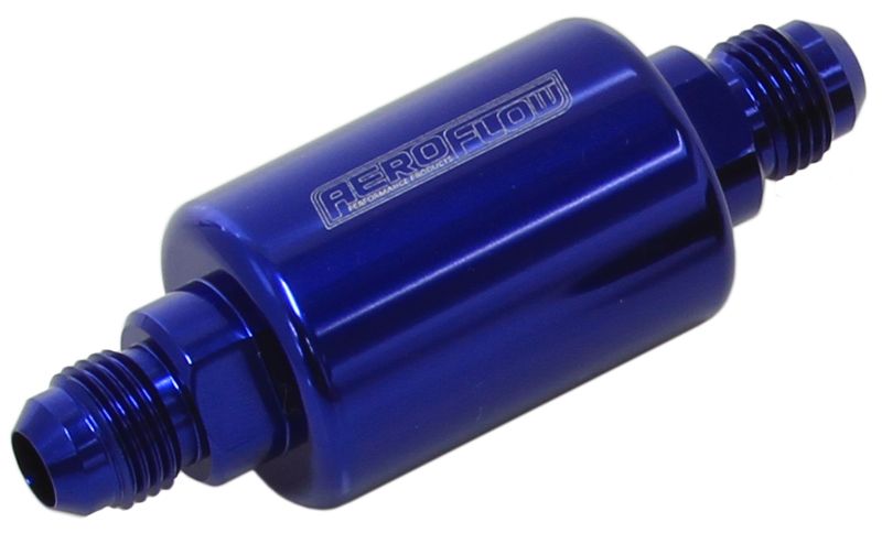 Billet Fuel Filter -6AN 40 micron Stainless Steel element, 1.25" x 3" L, Blue finish
