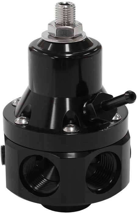 4-Port 2000hp Billet Fuel Pressure Regulator 35-85psi Adjustable  Black Finish. 4 x -8ORB Ports, 1 x -8ORB Return and 2 x 1/8" NPT Ports