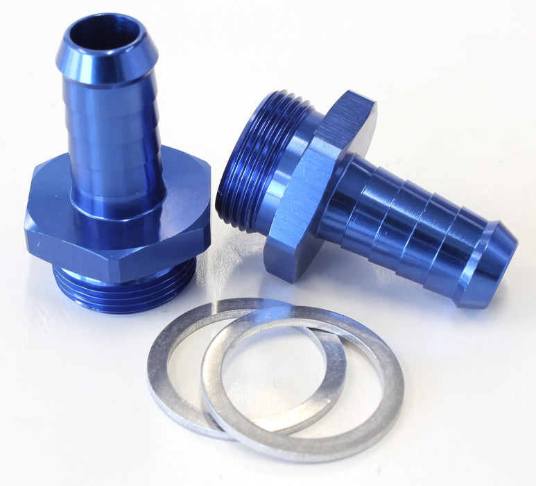 Carburettor Adapter - Male 1/2" Barb to 7/8" x 20  Blue Finish. Suit Holley Inlet Feed