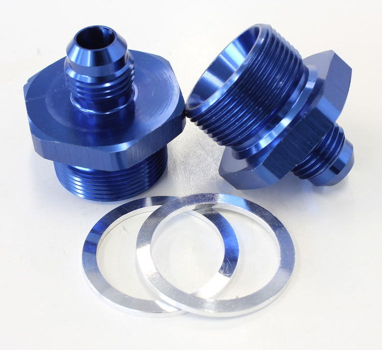 Carburettor Adapter - Male -6AN to 1" x 20  Blue Finish. Suit Quadrajet Inlet Feed