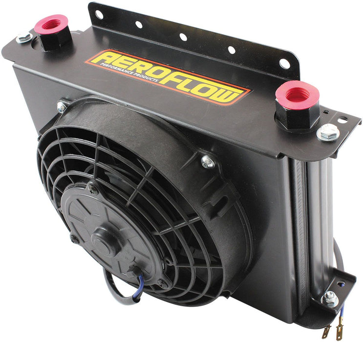 Aeroflow 25 Row Universal Modular Oil Cooler with Fan & Shroud 330mm L x 255mm H x 150mm D. -10 Female ORB Threads