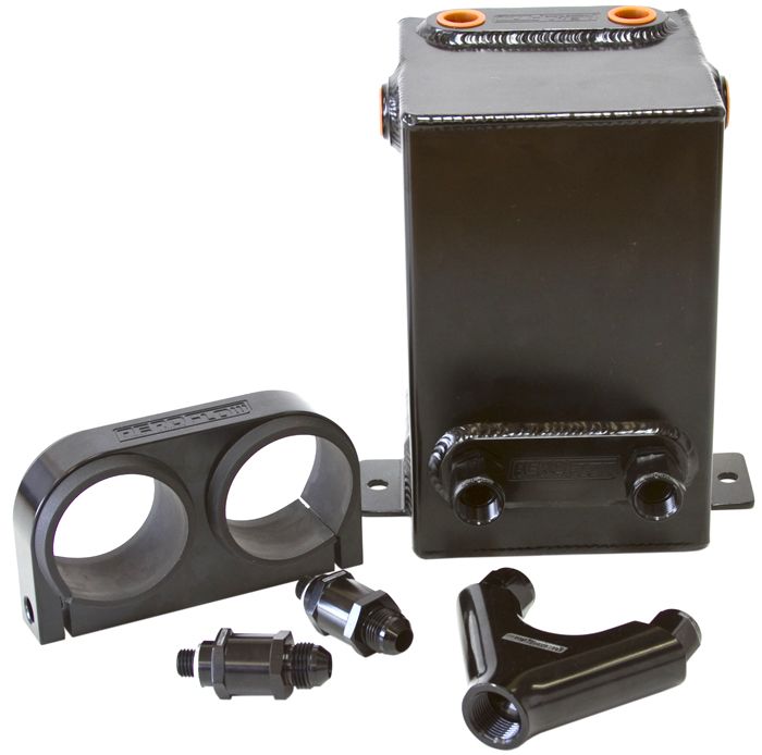 Dual EFI Pump Surge Tank Kit - Black  Kit includes Surge Tank, Dual Billet Fuel Pump Bracket, Check Valves & Y-Block. Fuel Pumps NOT Included