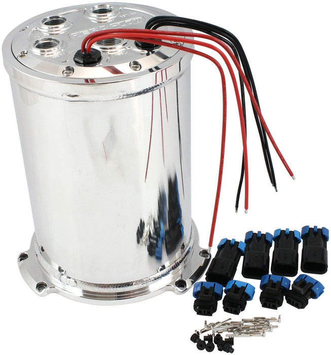 Aeroflow Triple EFI Fuel Pump Round Surge Tank - Polished 5 Liter (1.25 Gal), -10 ORB Outlet With -8 ORB Returns