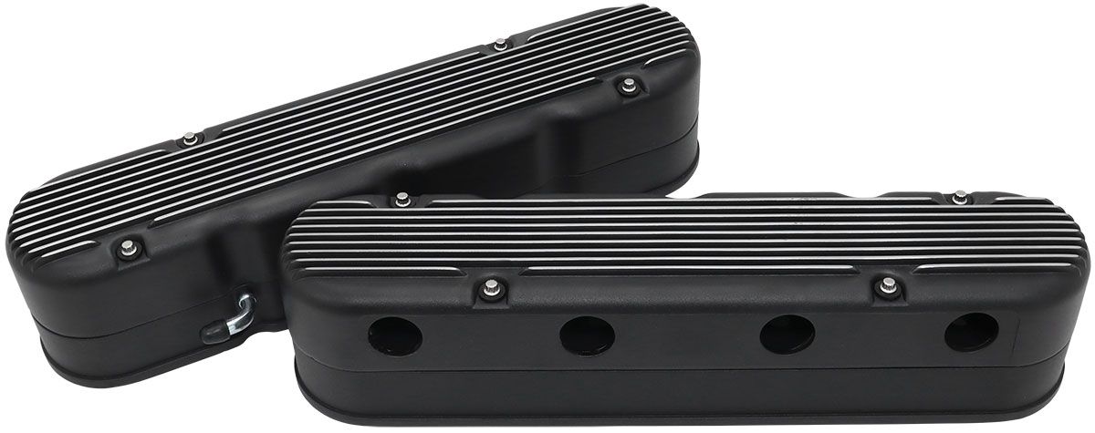 Aeroflow GM LS 2 Piece Retro Finned Valve Cover Set, Black Finish Suit GM LS Series Engines. Factory Position Coil Mounts with TallCover