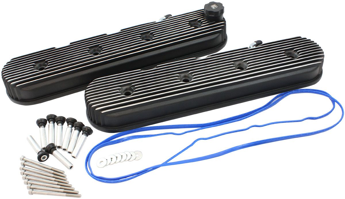 GM LS Retro Finned Valve Cover Set, Black Finish  Suit GM LS Series Engines. No Coil Mounts