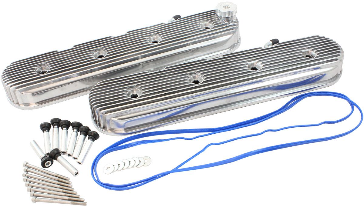 GM LS Retro Finned Valve Cover Set, Polished Finish  Suit GM LS Series Engines. No Coil Mounts