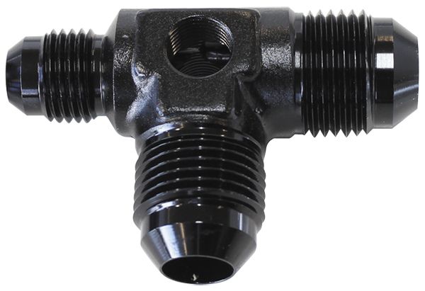 Flare AN Stepped Tee with 1/8" NPT Ports  -8AN x 2, -6AN x 1, Black Finish