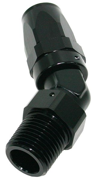 Male NPT Taper Swivel 45° Hose End 3/8" to -10AN  Black Finish. Suit 100 & 450 Series Hose