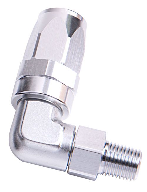 Male NPT Taper Swivel 90° Hose End 3/8" to -10AN  Silver Finish. Suit 100 & 450 Series Hose
