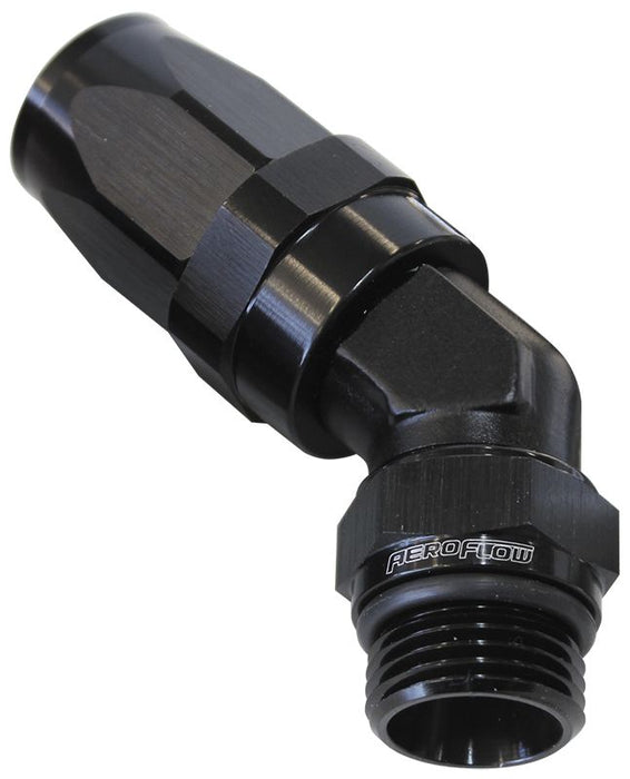 ORB Taper Swivel 45° Hose End -4 ORB to -6AN   Black Finish. Suit 100 & 450 Series Hose
