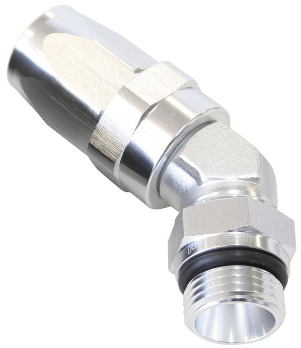 ORB Taper Swivel 45° Hose End -12 ORB to -10AN  Silver Finish. Suit 100 & 450 Series Hose