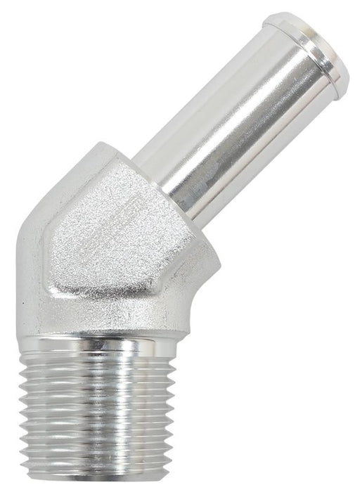 Male NPT to 45° AN Hose Barb  1/2" NPT to -10 100/450 series Hose, Silver Finish