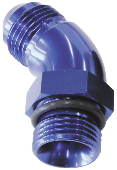 45° ORB to Male AN Full Flow Adapter -20 ORB to -20AN  With Jam Nut, Blue Finish
