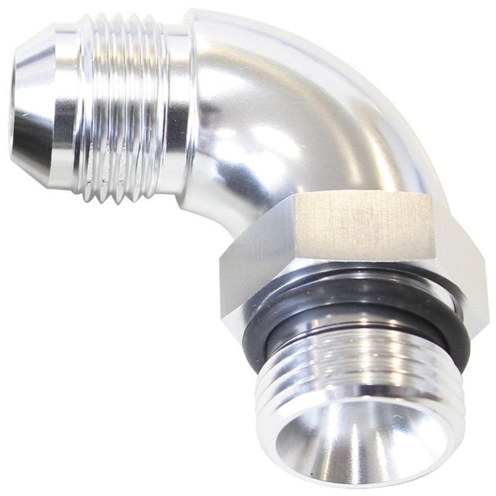 90° ORB to Male AN Full Flow Adapter -10 ORB to -12AN  With Jam Nut, Silver Finish