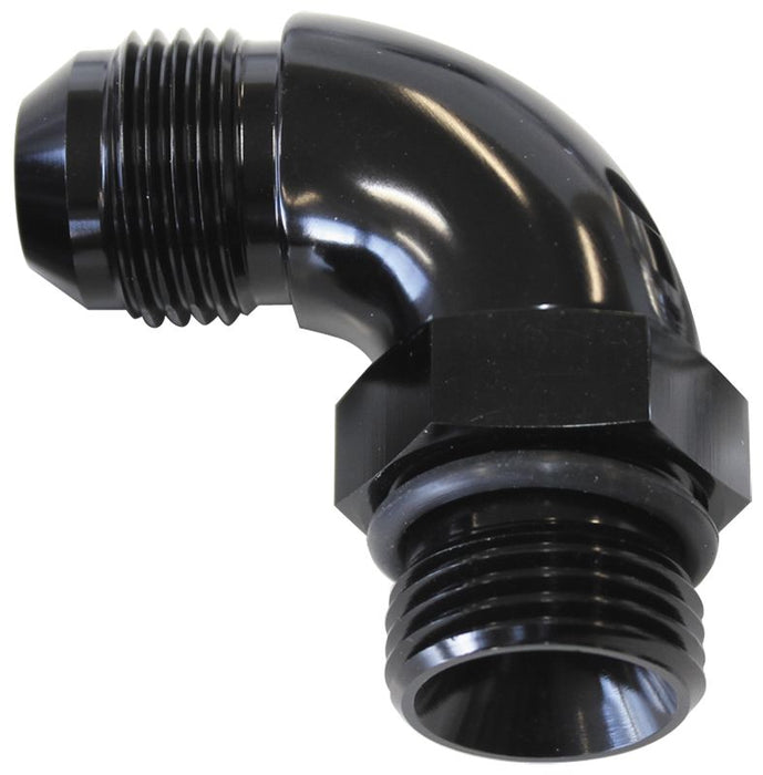 90° ORB to Male AN Full Flow Adapter -12 ORB to -12AN  With Jam Nut, Black Finish