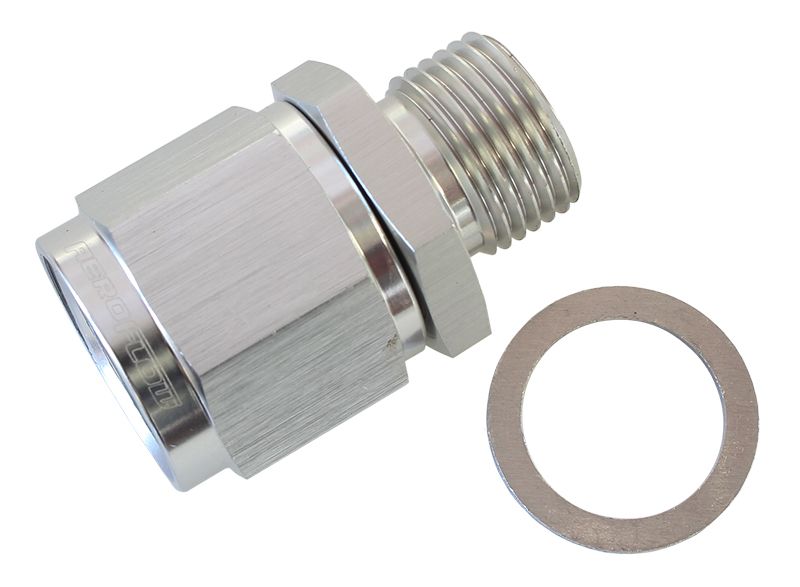 Male M18 x 1.5 to Female -10AN Swivel Adapter  Supplied With Washer, Silver Finish