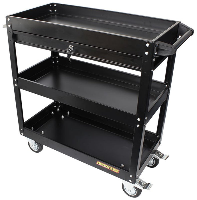 3 Tier Workshop Trolley with Lockable Drawer  Black Powder Coated Finish, Heavy Duty Wheels
