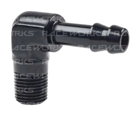 Raceworks Male NPT 1/8In To 3/16In BaRB 90Deg RWF-423-02-03BK