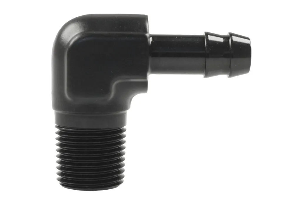 Raceworks Male NPT 3/8In To 3/8In BaRB 90Deg RWF-423-06-06BK