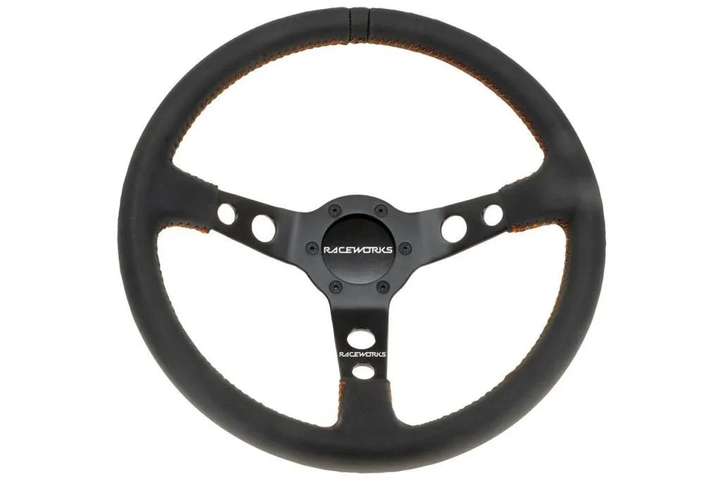 Raceworks 350mm Leather Steering Wheel Dished With Red Stitching VPR-196RD